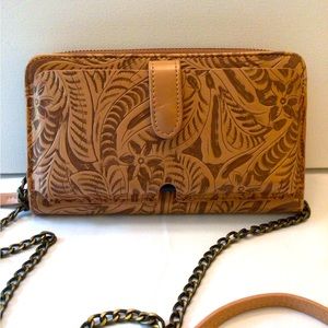 Tooled leather wristlet or crossbody NWOT. No brand identified.  NOT P. Nash.